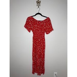 Anthropologie Kindred Red Floral Wide Leg Smocked Waist Flounce sleeve Jumpsuit